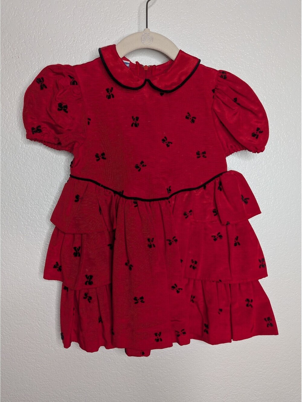 Vintage Polly Flinders Toddler 2T Red Black Bow Ruffle Dress Made USA